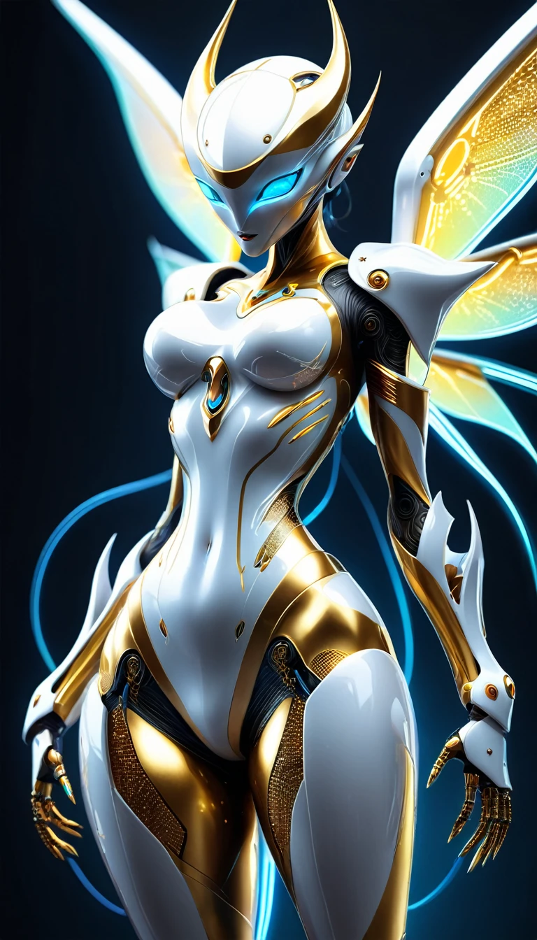 beautiful robot that is fusion of succubus and fallen angel, with beautiful form, wearing white and gold shiny bodysuit with fine lines seven-color neon light diagram pattern, superlative body proportion, background huge room with analyzers, labs, shading effects, gradation magic effects, foggy filter effects, glitter effects, (ultra detailed, absolutely resolution, best quality:1.3), 2.5D, delicate and dynamic, artistic photography, hyper realistic, graphic CG digital art