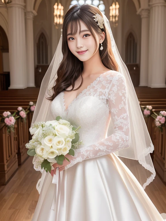 Photo-realistic quality、a woman in a wedding dress holding a bouquet of flowers、20 year old Japanese model、White Wedding Dress,Hanae Mori style wedding dress、lace prom dresses、looking at the camera、Detailed and beautiful eyes、Cute smile、Relaxed and gentle expression