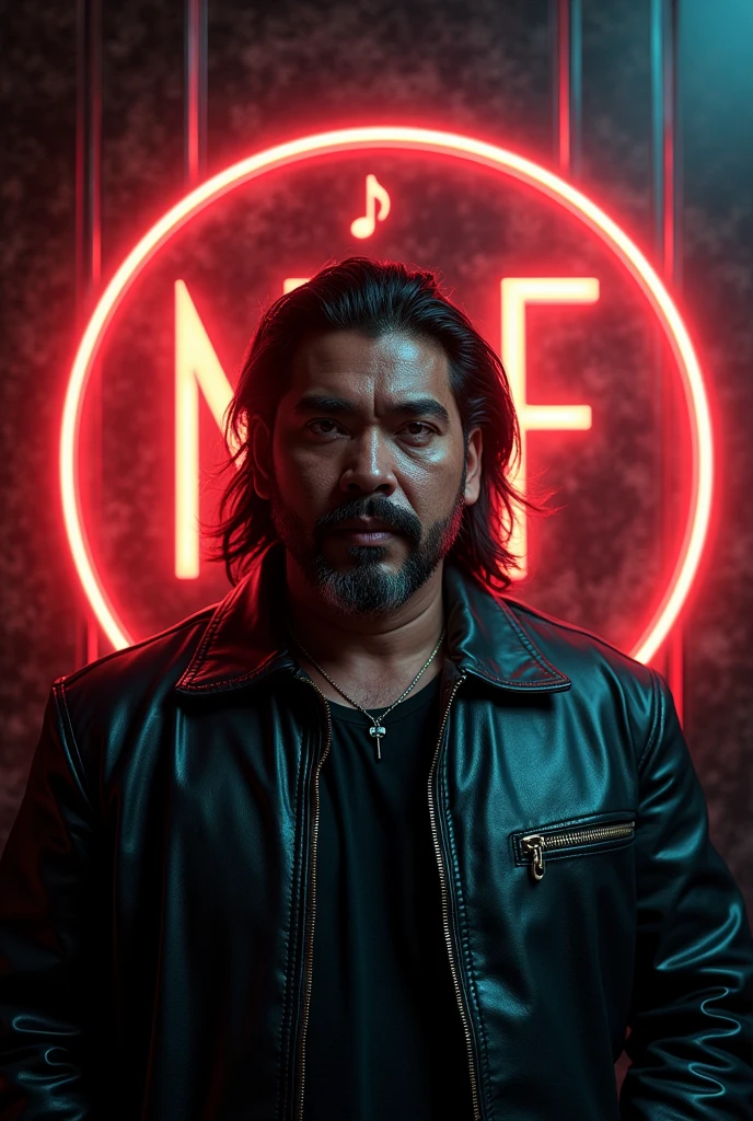 long-haired Indonesian man, stocky, wearing a leather jacket, realistic, looking at the viewer, the back wall of the room has a round logo that says "NLF", letters embossed from clear red and white acrylic with gold dust, glowing corners, black natural stone background, surrounded by neon lines and clear color music note symbol lights up, the outer frame of the engraving line lights up softly, part of the logo is dark, realistic complex light ,8K,4D,HDR, hyper realistic,cinematic lighting,real sunlight lighting from the right side