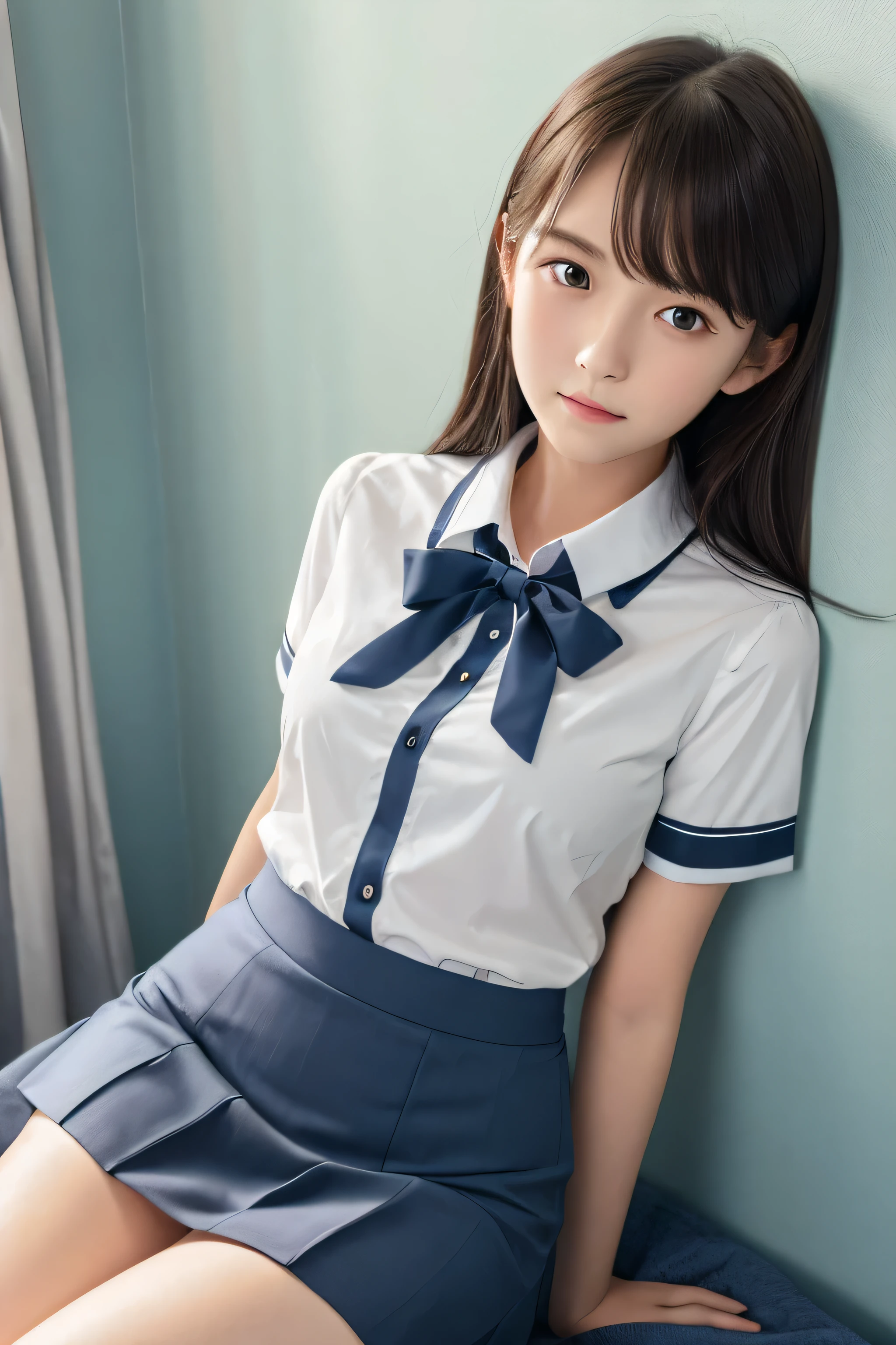 Very detailed CG Unity 8k wallpaper、highest quality、Very detailed、masterpiece、reality、Photorealistic、Very detailedなかわいい女の子、18-year-old、(High school girl in Japan uniform)、((White short sleeve buttoned shirt:1.4))、((Shooting from the front:1.4))、((Dark blue bow tie:1.4))、((Sitting on a red sofa:1.4))、((Model pose:1.4))、blush、Cleft lip、Looking at the audience、((Cowboy Shot:1.4))、(Navy blue short pleated skirt,:1.5)、(short sleeve white shirt for students)、(Straight medium long hair:1.7)、(Beautiful Face:1.3)、(Perfect Proportions:1.2)、(Long legs:1.2)、(Small breasts:1.3)、((Upper Body))、((White panties are visible:1.4))、Angle from below、reality、smile