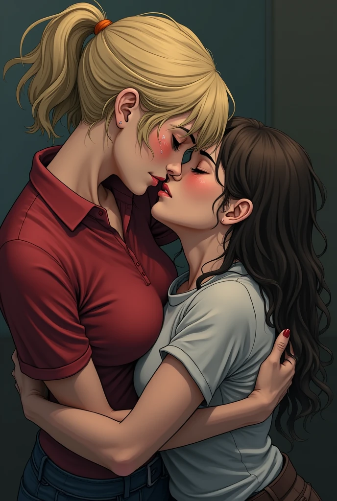 two girls, girls wearing high school uniforms, open shirts, ((lesbian kiss)), red lips, closed eyes, excited, short ponytail, short hair, wet hair, (sweating:0.5), (sexual arousal:0.9), dutch angle, UHD, 8k, highres, best quality, masterpiece, anatomically correct, super detail