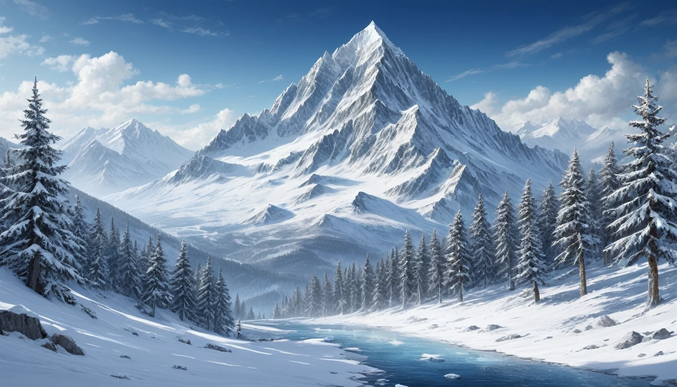 Winter Mountain: A textured digital painting depicting a towering snow-capped mountain, with sharp peaks cutting through a clear blue sky. Snow is shown in thick layers, with pure white tones, gray and touches of blue. The rocky ground beneath the snow is visible in some areas, showing stone and ice textures. No fundo, a snow-covered coniferous forest stretches along the lower slopes. The atmosphere is cold and crisp, capturing the quiet majesty of a winter landscape. Calm, proffesional, old project, high resolution, Avant-garde, highy detailed, original concept.