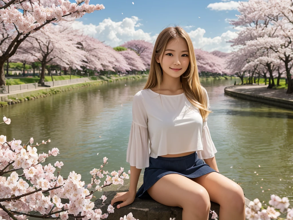 A blond girl wearing a top and mini skirt is sitting under the Japanese cherry blossom trees on the river bank, with blue sky, white clouds, breeze and falling cherry blossom petals,