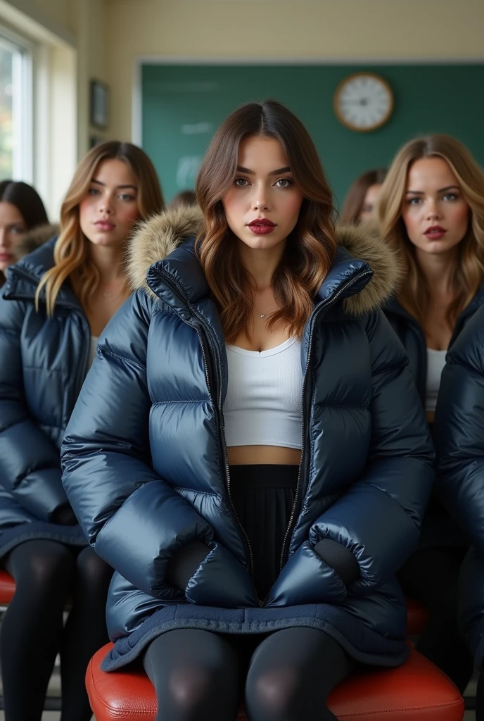 a group of 16 year old English teenage girls ,wearing a very large navy blue tight shiny puffer coat, very thick eyebrows, photorealistic, masterpiece, moncler, fluffy fur hood, , wavy hair, large breasts, open coat, school uniform,very tight white blouse, pleated skirt, heavy makeup, dark red lipstick, dyed blonde hair, chavvy, chav, attitude, pouting, sitting in classroom, dark foundation, very tight clothing