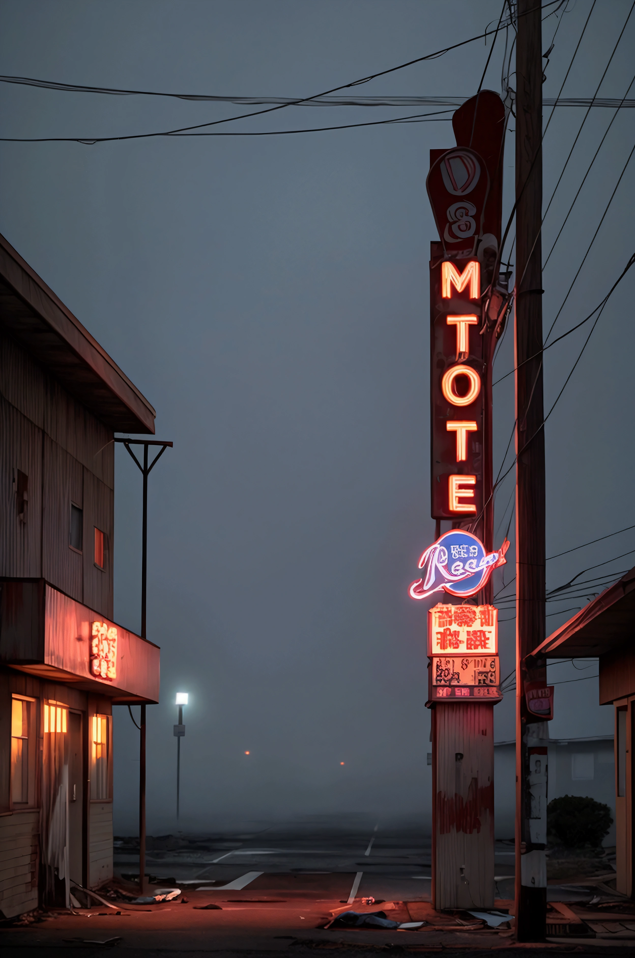 Abandoned motel、America、80's、Real Stick、Late Night、Thick Fog。