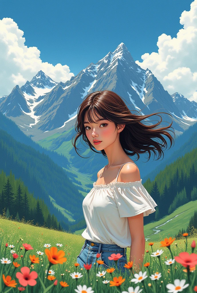 Yoshihiro Togashi style, brunette, female, mountains, sky, landscape, flowers, looking at viewer