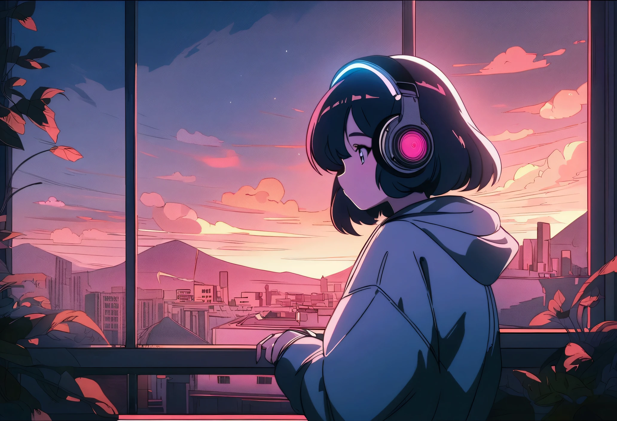 Anime girl wearing headphones looking out the window at the city, Lo-fi Girl, Anime atmosphere, Lofi Artstyle, Anime Style 4k, Anime Aesthetics, Nightcore, Lo-fi feeling, Lofi Art, anime art wallpaper 4k, anime art wallpaper 4k, anime wallpaper 4k, anime wallpaper 4k, An atmosphere of praise, Kaisei and Artgelm