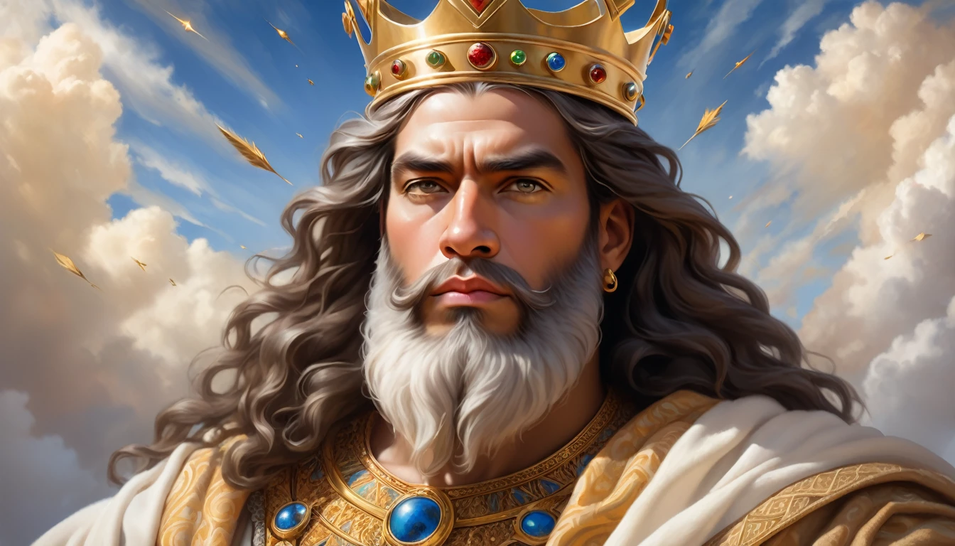 Create an ultra-detailed, hyper-realistic close-up portrait of King Solomon, looking up towards the sky. Ensure the image is of high quality, capturing intricate facial features, textures, and expressions that convey wisdom and authority. The background should be blurred to emphasize the focus on the king's face