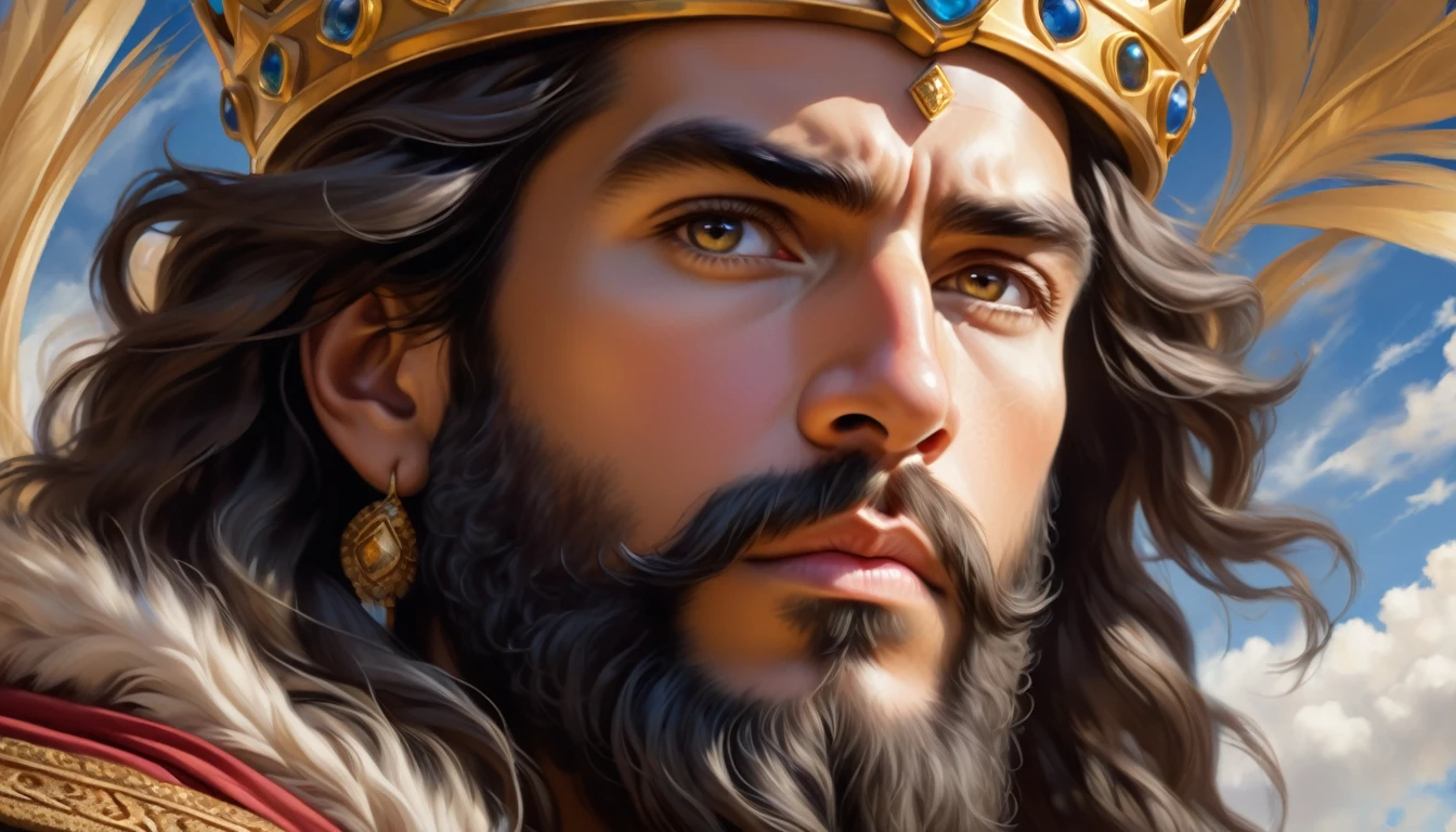 Create an ultra-detailed, hyper-realistic close-up portrait of King Solomon, looking up towards the sky. Ensure the image is of high quality, capturing intricate facial features, textures, and expressions that convey wisdom and authority. The background should be blurred to emphasize the focus on the king's face