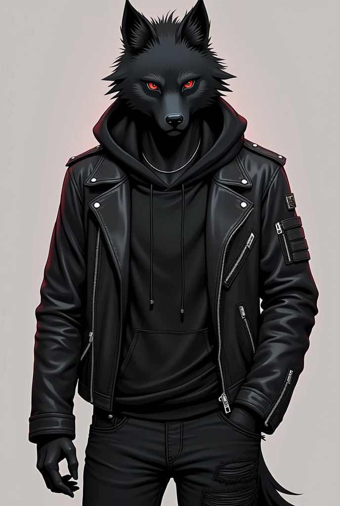 anthro, male, all Black wolf, black fur, red eyes, black hoodie leather jacket over it ripped black jeans doc martins anime style 

 

