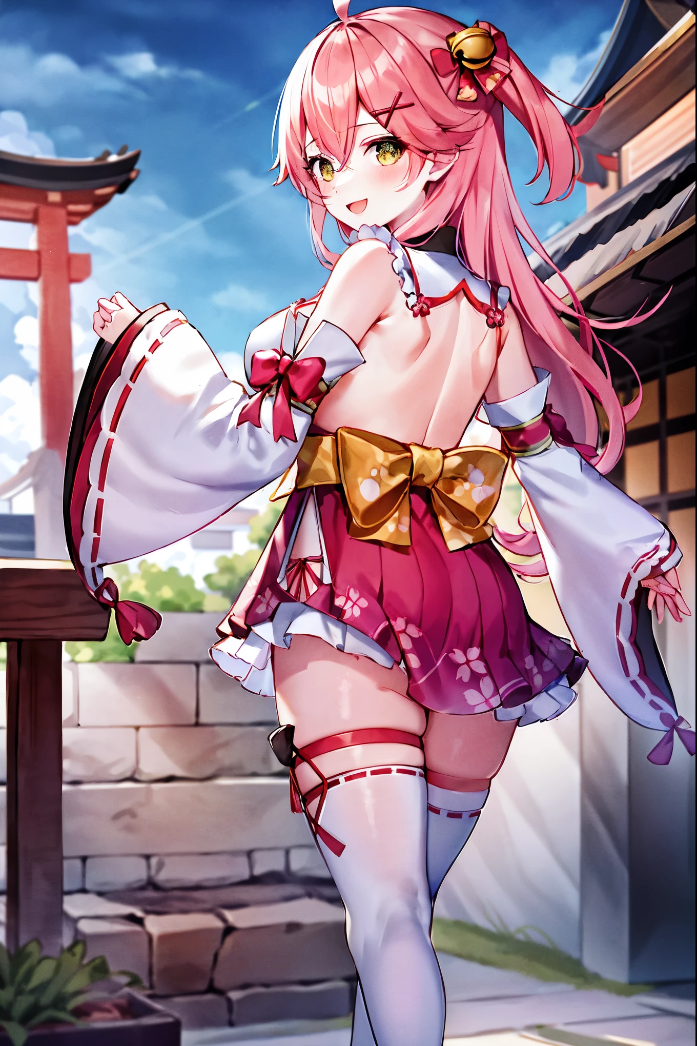 masterpiece, best quality, highres, miko1, sakura_miko, 1girl, big_boobs, solo, ahoge, x_hair_ornament, pink_hair, floral print, hairclip,(side_less_clothes:1.5), (side_boobs:1.5), hair_bell, floral print, long_hair, hair between eyes, one side up, white thighhighs, asymmetrical legwear, wide sleeves, open_mouth,(happy:1.3),gleen_eyes,big_smile,(rise_leg:1.3),plump,apart_legs,(overly_long_sleeves:1.3),),sleeves_past_wrists,hands_hidden_sleeves,sidelock_clothes,dynamic_posing,solo,hidden_wrists,(XD:1.4),covered_nipples,sunlight,cherryblossom_temple_landscape_background,
