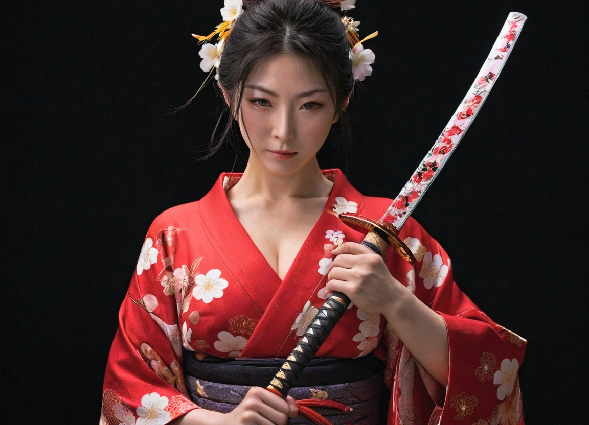 Japan, Red kimono, open shoulders, beautiful breasts, neckline, Samurai Sword, flower petals, Black background, realistic 