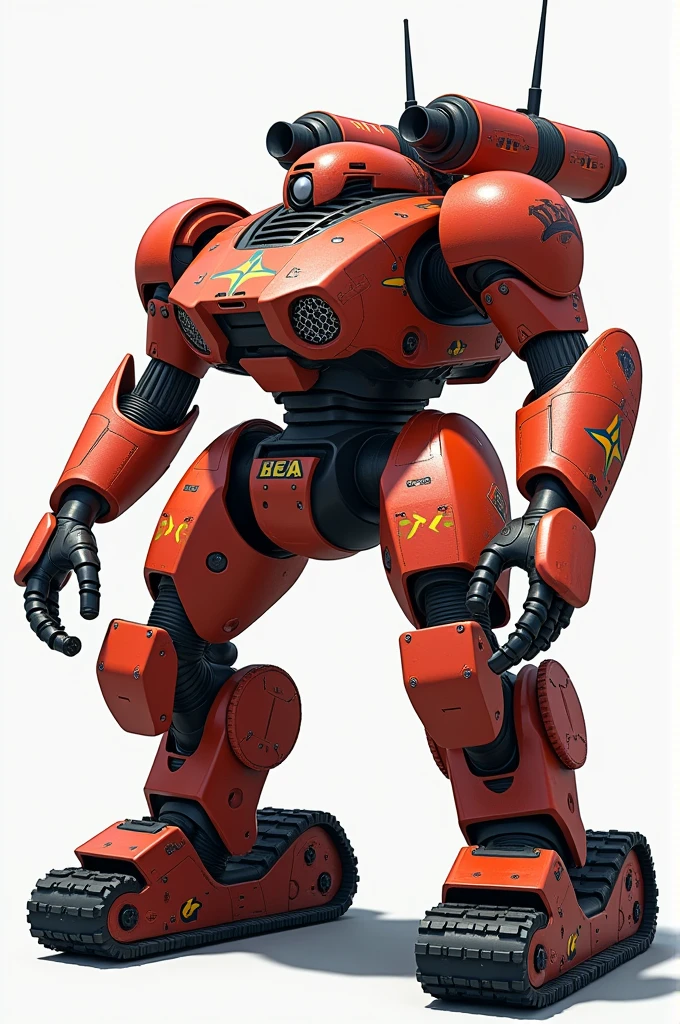 robot that has a fire extinguisher arm and a tank legs