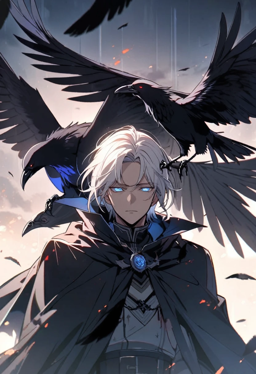 boy, midnight blue eyes, white hair, crow, glowing eyes, parted bangs, death, cloak