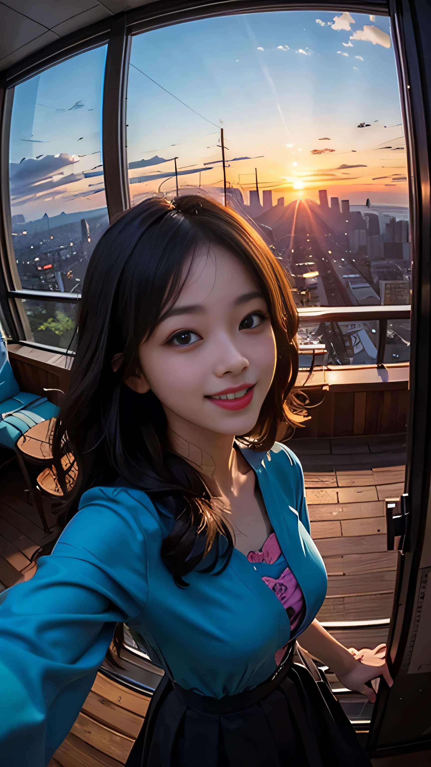 One girl, Korean, Fisheye Lens, Selfie, Wind, Messy Hair, sunset, Cityscape, (Aesthetics and atmosphere:1.2),smile