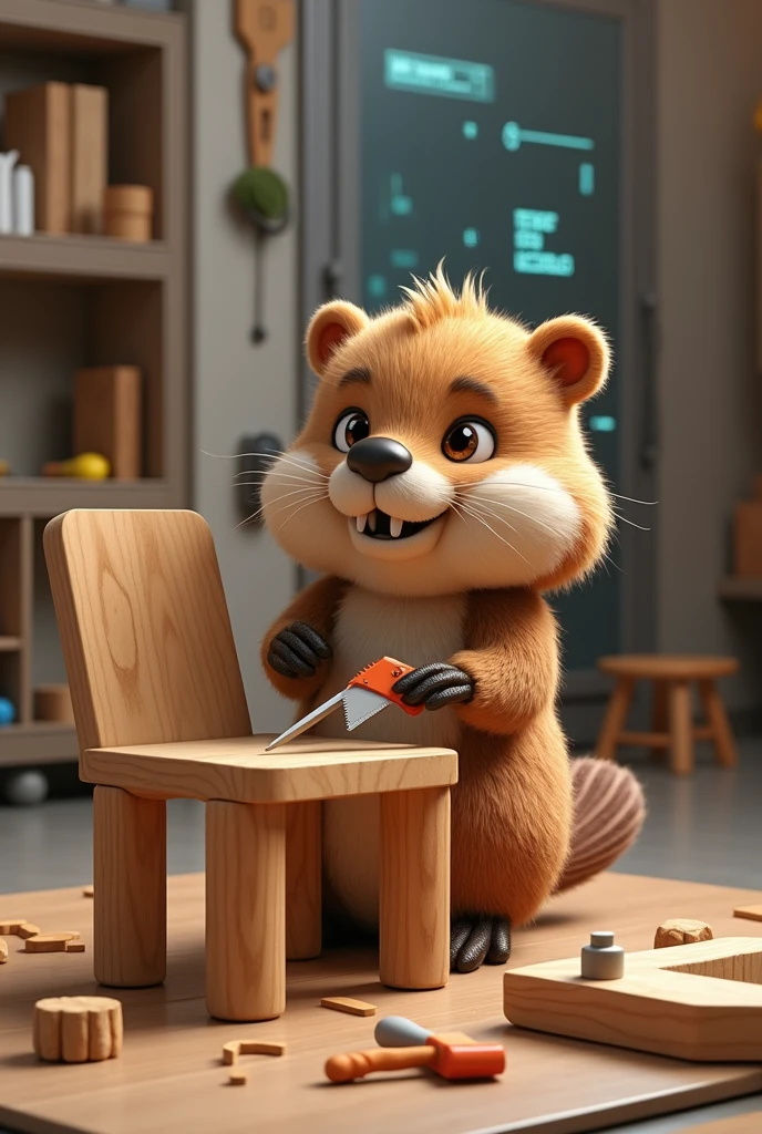 Cute female beaver constructing workshop sitingwood chair futuristic google saw hammer
