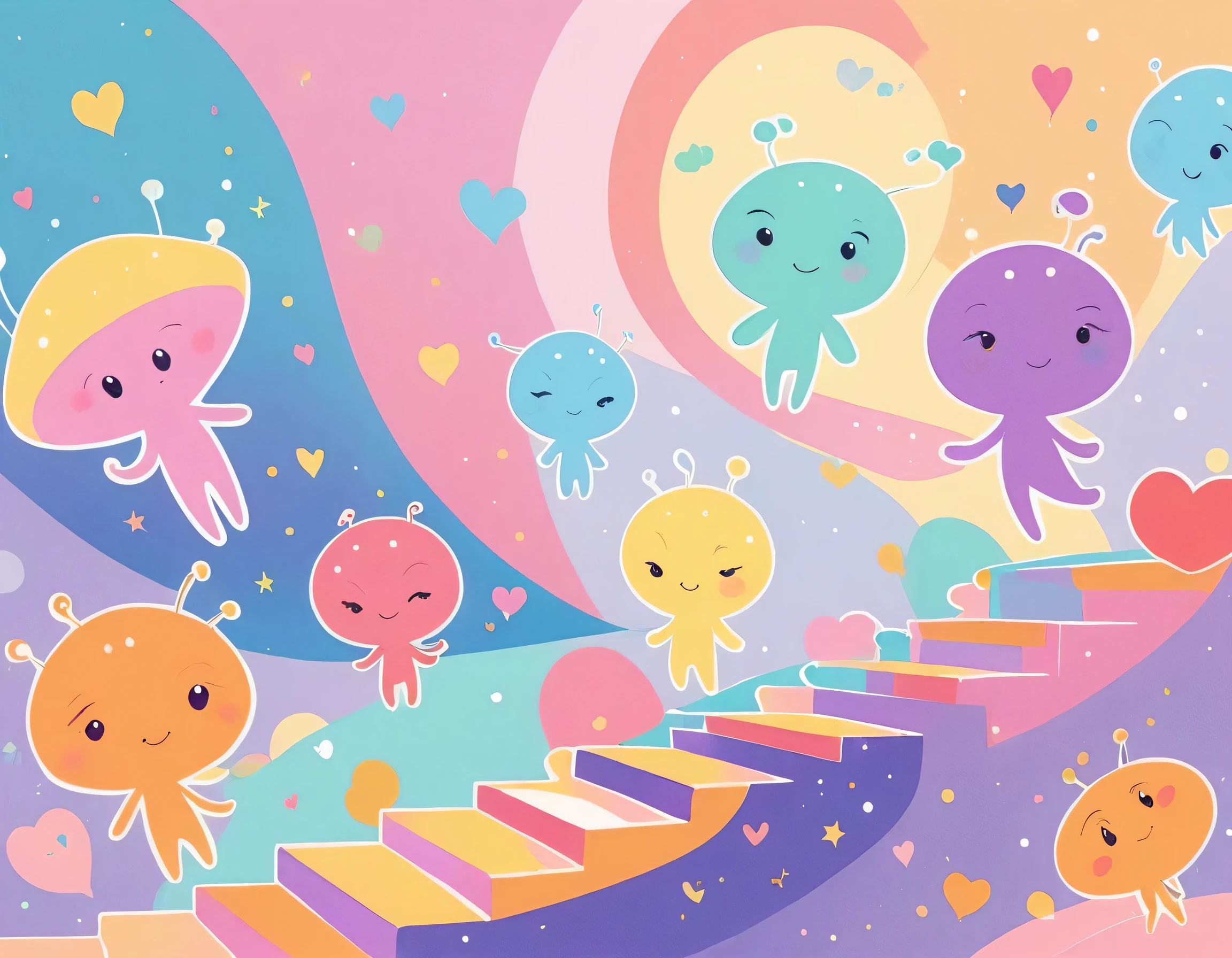 12stairs pastel color style, Simple Line Initialism,Abstract art, girls, colorful hearts, funny design, (((Cute Aliens))), The background is space