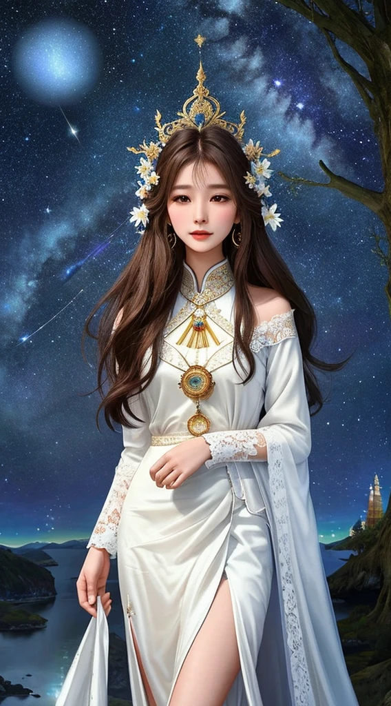 

Create a surreal image of an interstellar nebula, Complex clear glass [The Tree of Life in the Universe The branches of the tree should contain celestial objects such as planets, moons, and stars, all of which radiate from a bright light at the center at the top of the tree.] , The tree should be next to the beautiful Thai-Chinese woman. ((sexly)) White skin, long brown hair, slim figure, sexy, wearing a white lace bra., White lace panties, ไม่สวมรองเท้า เธอ นั่งอย่างelegantข้างลำธาร หลังฉากป่าที่เงียบสงบ, Galaxy, Flora and fauna, Too realistic, Special details, elegant,  Spiritual evolution, World Creation, Catholic religious art, collective consciousness, Sacred and sacred,  Spiritual Awakening, The background should feature a starry night sky to add a mystical atmosphere., Beautiful show.


