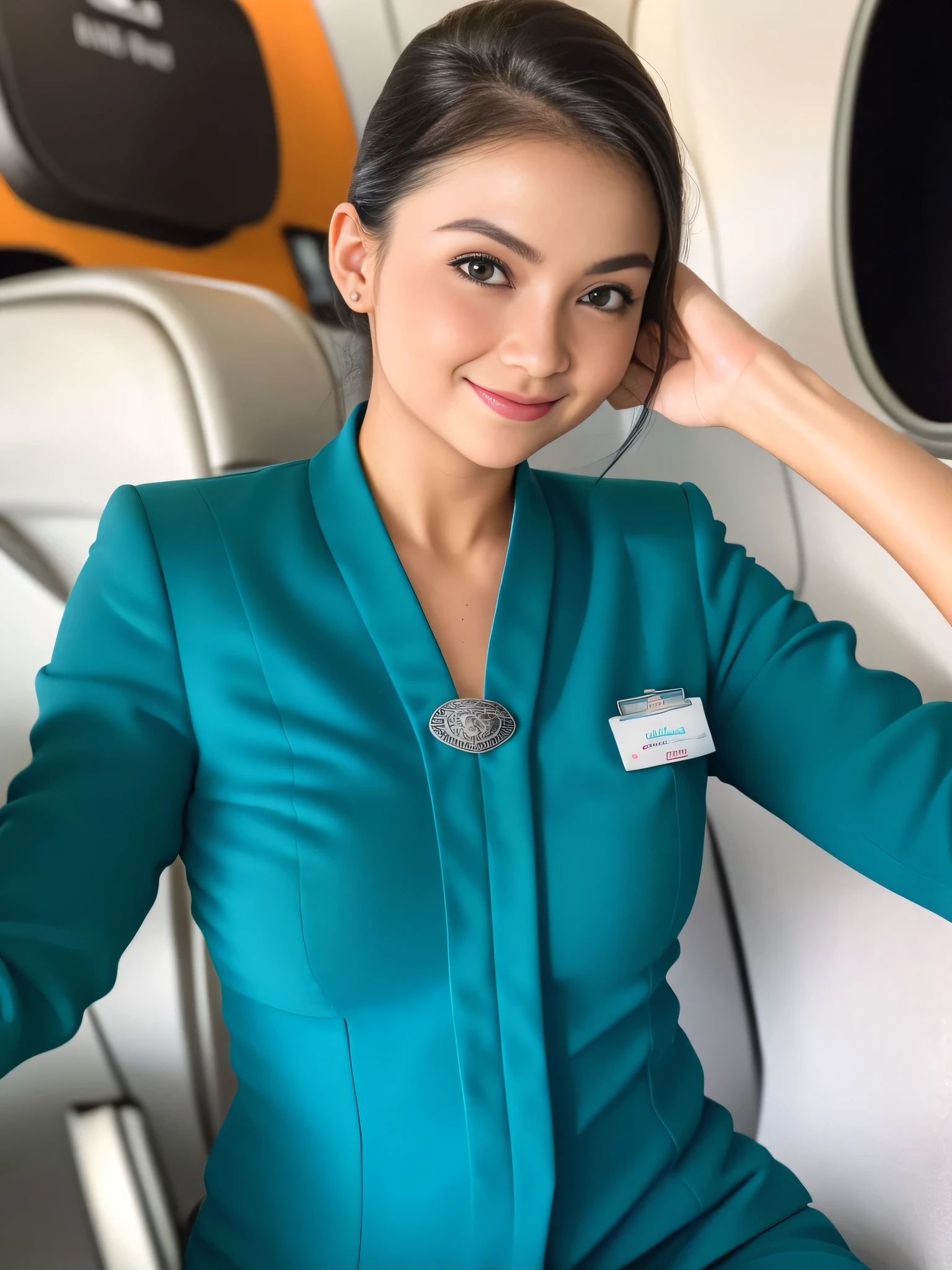 1girl, solo, 19 years old, in the middle of a large airport, seductive pose, thick medium breasts, semi-curvy body, smooth realistic skin, cute little smirk, wearing flight attendant uniform, looking at the audience, (overhead shot:1.3), (zoom-out:1.4), (8k, RAW photo, best quality, masterpiece: 1.4), (realistic, realistic: 1.37), ultra-high resolution, cowboy shot