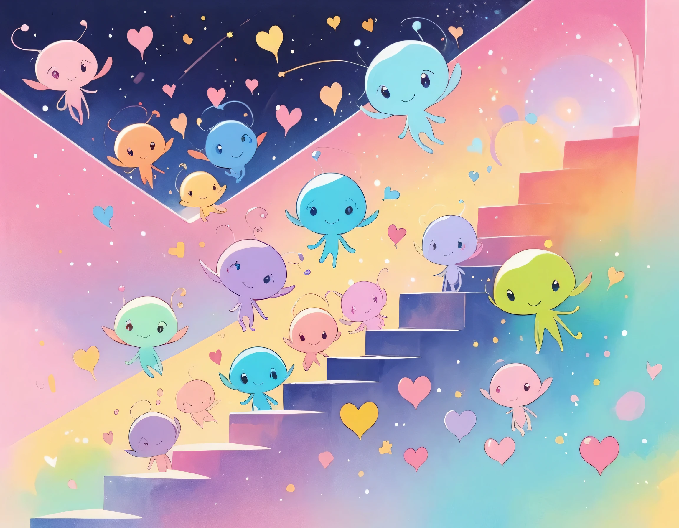 12stairs pastel color style, Simple Line Initialism，Abstract art, girls, colorful hearts, funny design, (((Cute Aliens))), The background is space