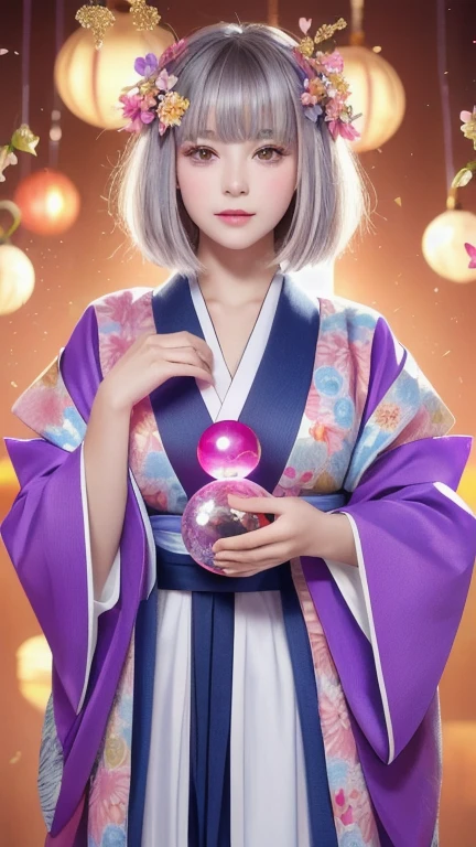(masterpiece:1.3), (8k, Realistic, RAW Photos, Highest quality:1.4), (One Girl), Beautiful Face, (Realistic Face), Pure face and gentle expression(Short Hair), (Silver Hair, Close to gray hair, Shiny Hair, Beautiful straight hair), (Bangs too), (Sharp bangs), Straight Hairstyles, Realistic eyes, Beautiful attention to detail (Purple eyes), (Sharp eyes), (Realistic Skin), Beautiful Skin, (kimono), (magician's kimono), (Flower Hair Ornaments), Charm, Ultra-high resolution, Ultra-realistic, Very detailed, Golden Ratio, Colorful background, Background with lots of flowers blooming (Energy Dance Background), magician, Look forward, Looking straight ahead、 Turn your shoulders towards yourself, Holding a red heart-shaped crystal ball in both hands in the center of the chest, (Pink crystal ball with heart shape, Crystal Ball of Love).