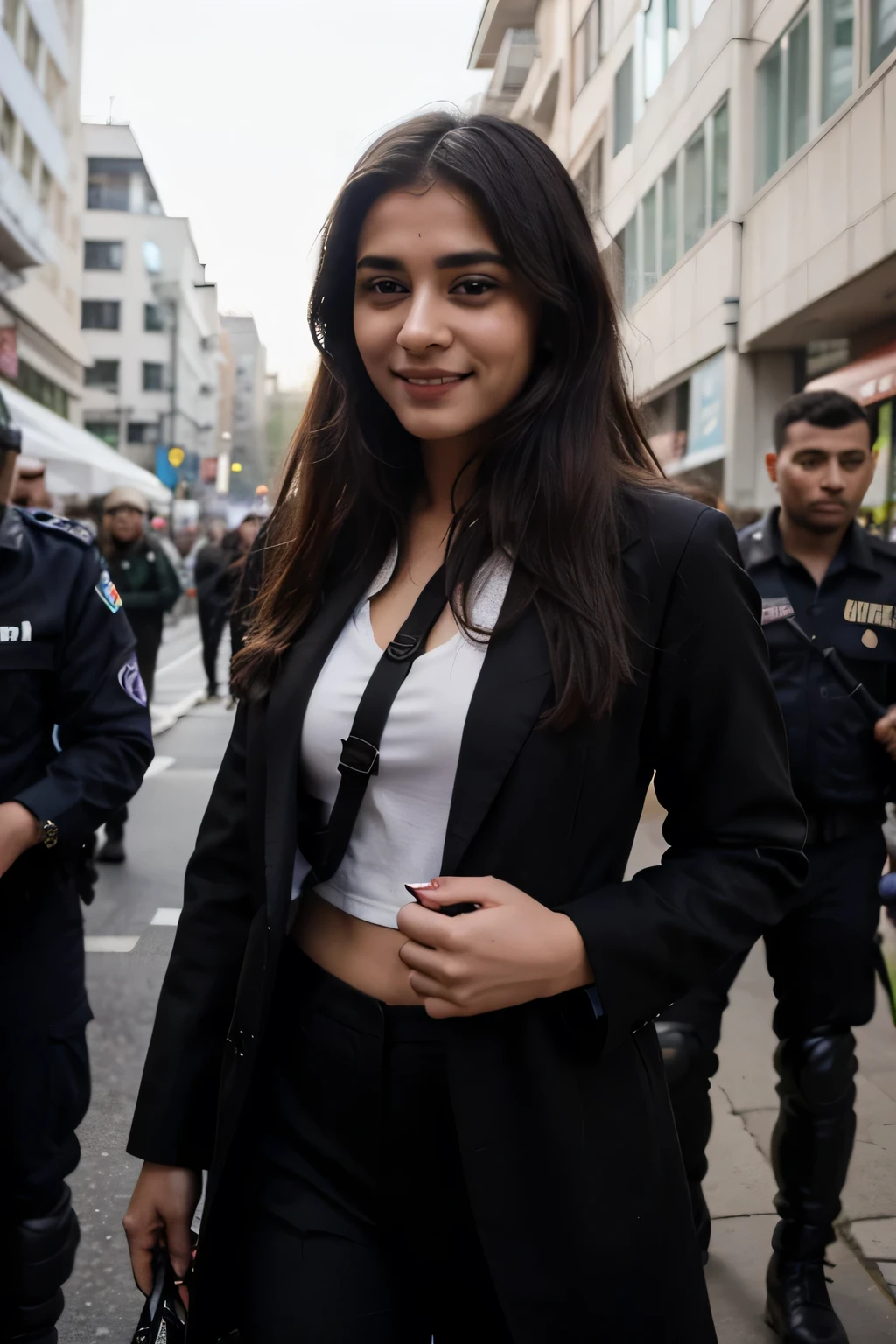 ((best quality)), ((masterpiece)), (detailed), 
A 21 year old beautiful Indian girl with long hair smiling face beautiful eyes not looking at camera wearing black colour suit coat pant protected by z+ security with her making way by clearing crowds from side and front by security forces and personal bodyguards protecting her from every side and giving security full pic long distance 