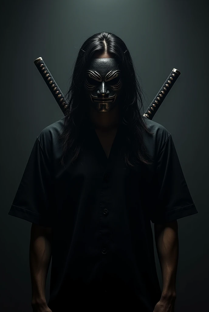 Make a banner for a YouTube channel with a character wearing a samurai mask and black hair, with swords on his back and wearing a black shirt, naughty man