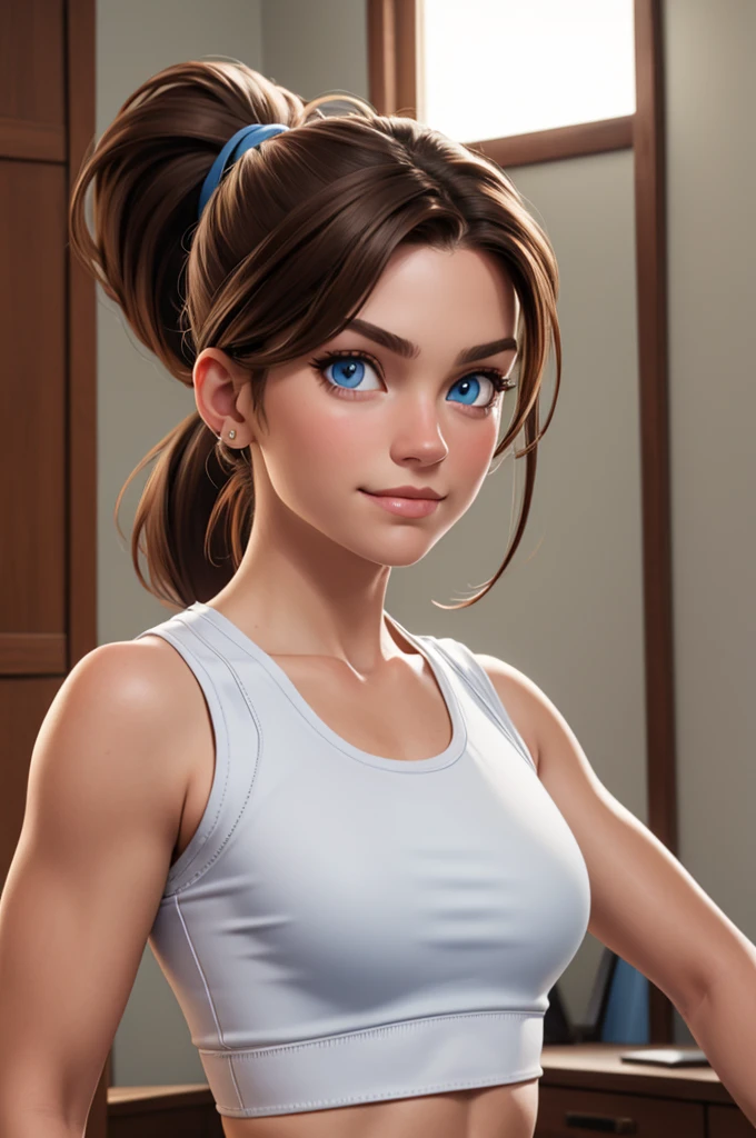 brown hair, blue eyes, ponytail, (white crop top :1.2), (photorealistic: 1.4), smirk, posing in her room, portrait