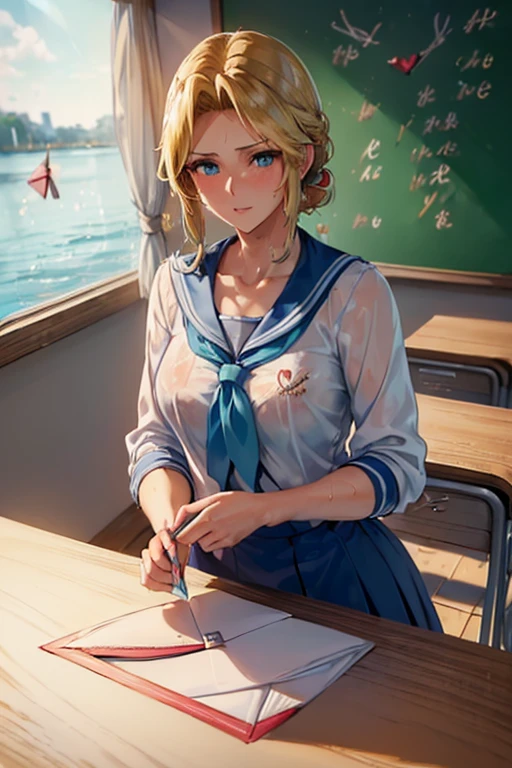 Masterpiece (woman,The facial expression is accurate,Anime style face,greenish blue eyes ) Group ((((Location: School classroom)))) ((((The location is a school in the water)))) ((((womanは授業を受けている)))) 8k((((high school girl)))) 8k(((((Wet))))) ((Staring at me)) Emphasize breasts. Body depiction is solid 8k.(((((I am giving you a letter called a love letter.:1.3)))))