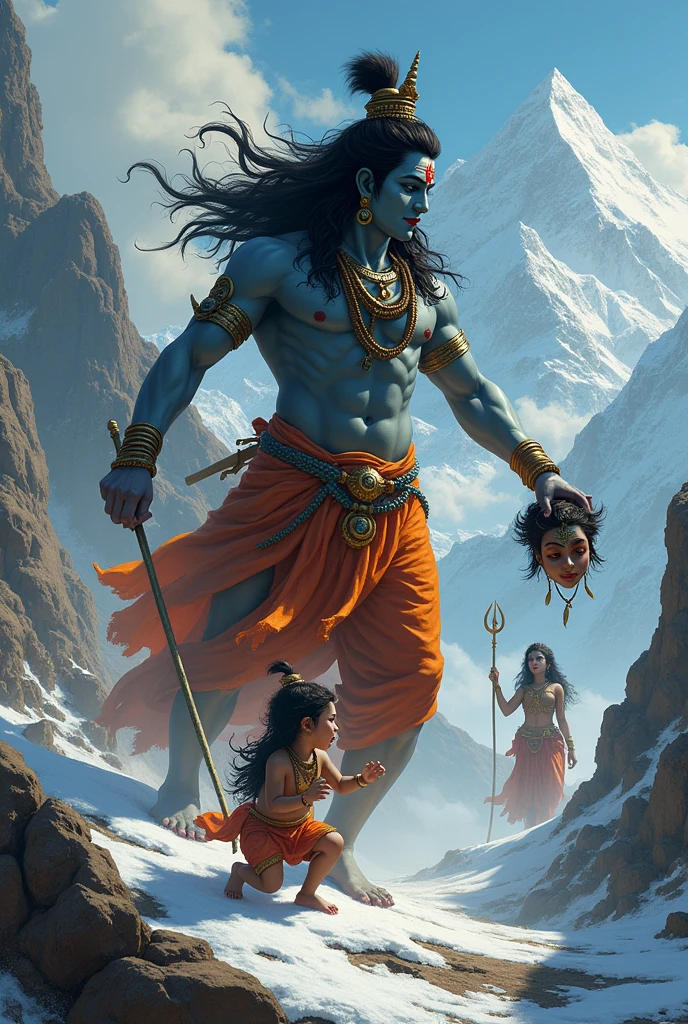 Lord Shiva has cut the head of small cute boy
The boy is beheaded
Lord Shiva is angry
Maa Parvati is in utter shock looking at this from far
Background has to be Himalayas