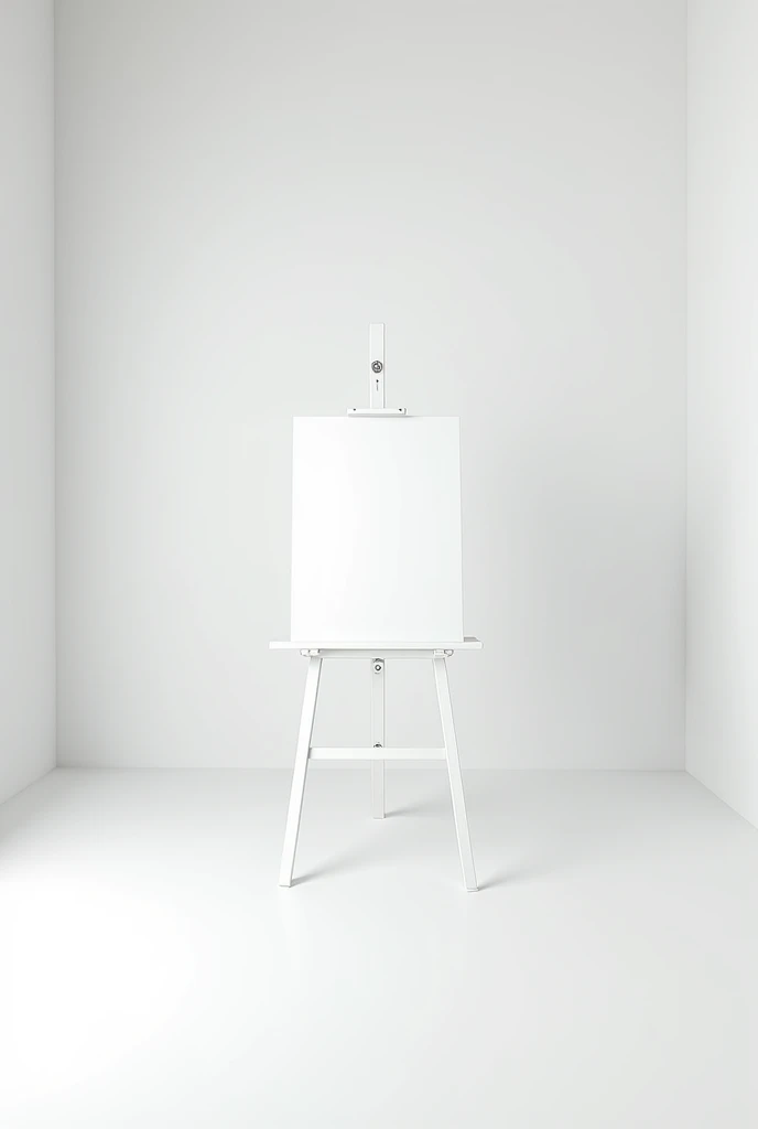 A scene with a white easel in the middle of a white room