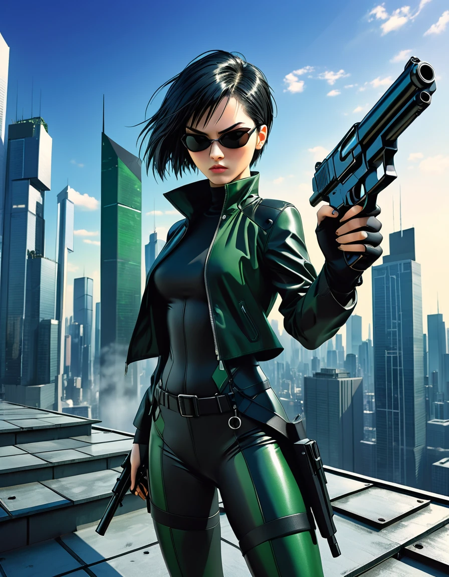 Anime illustration, character Trinity of ((The Matrix movie)) holding gun to the viewer on the roof of a skycraper plataform, stunning woman, short shaved straight haircut, cute face, serious look, surrealistic anime art style, high contrast, dynamic composition, hyperrealism, vibrant colors, sharp focus, deep shadows, studio lighting, wideangle lens, digital camera, high resolution, detailed textures, high detail, smooth lines, sharp edges, intricate details, natural look,8k