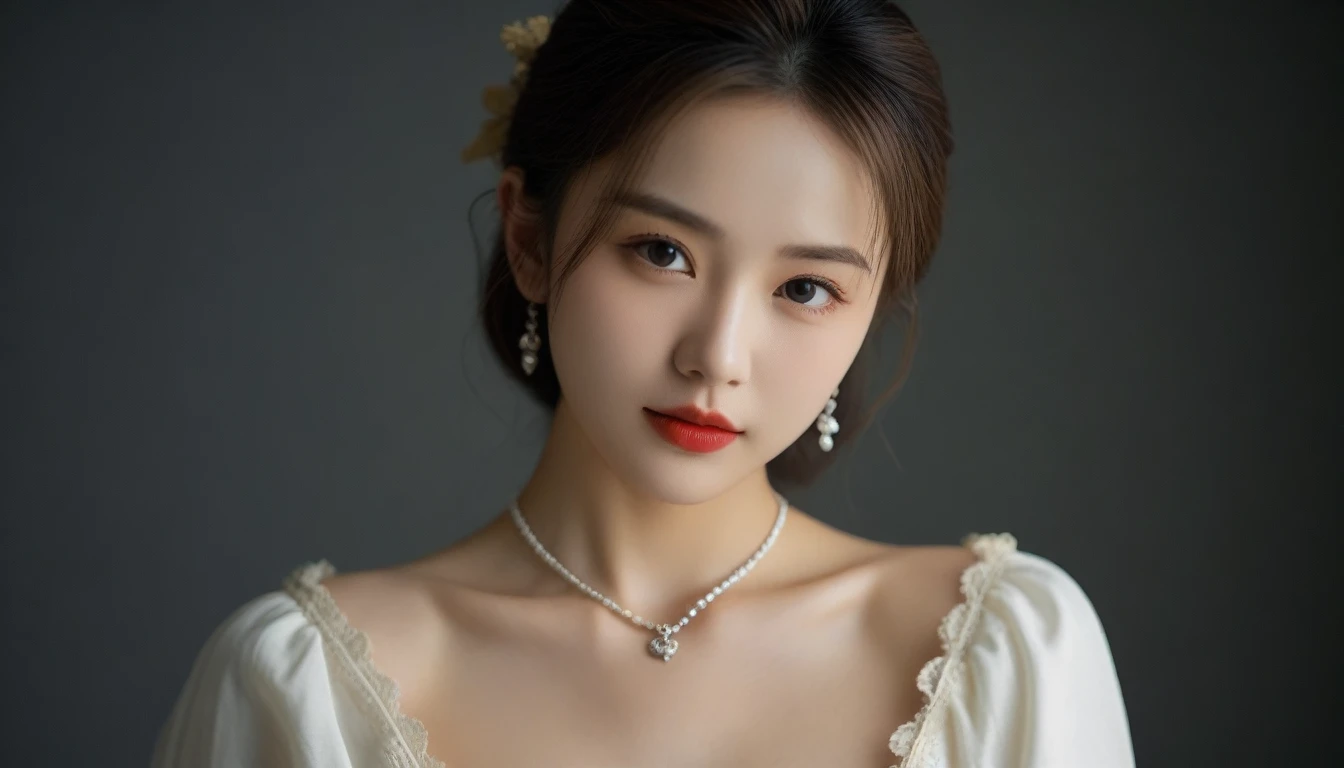 Beautiful and mature Japanese woman, Married women, fine wrinkles, long eyelashes, shining eyes, short bob, (headdress), (bright red lipstick), elegant, slim body, pink cheeks, pearl necklace, earring, cute smile, nudity, naked, small breasts, , flat chest, (armpit), Browsing Caution, (best quality,4K,8k,high resolution,masterpiece:1.2),