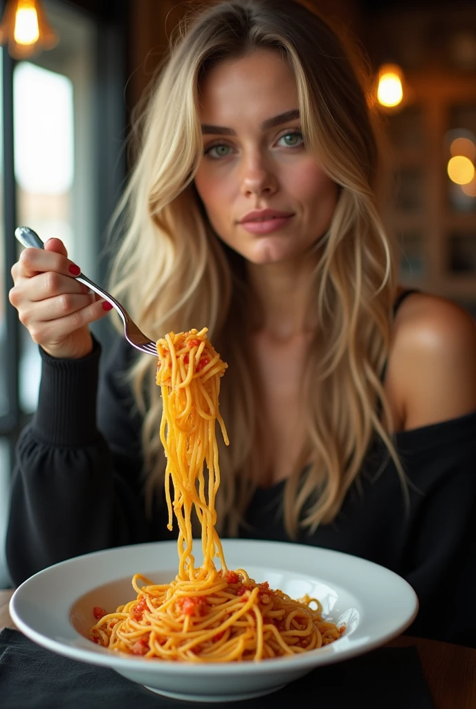 belle femme de 25 ans, caucasien, Longs cheveux blonds, Yeux verts, look félin, gros seins, Bon corps, woman manger Pâtes with fork in restaurant with black table cloth, come Pâtes todo el tiempo, manger spaghetti, manger spaghetti from a bowl, manger noodles, Anna Nikonova alias Nouvelle Laitière, Angelina Stroganova, Emma cherche une italienne, Portrait de Sophie Mudd, belle dame, Pâtes, manger, fille attirante, jolie femme, siroter des spaghettis