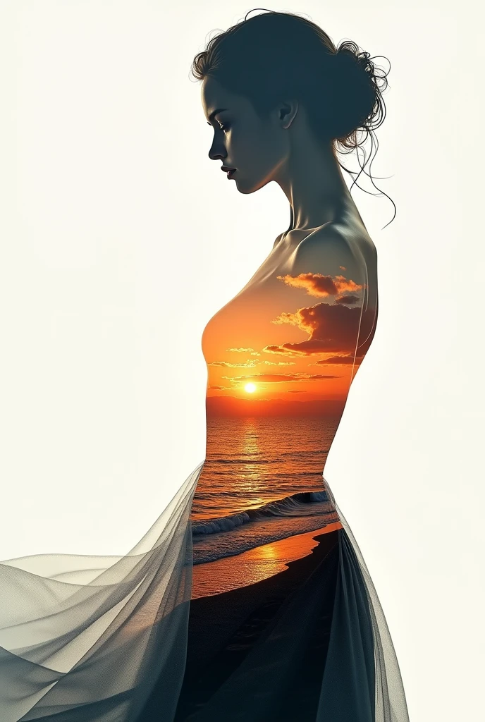 high quality, 8K Ultra HD, A beautiful double exposure that combines an goddess silhouette with sunset coast, sunset coast should serve as the underlying backdrop, with its details incorporated into the goddess , crisp lines, The background is monochrome, sharp focus, double exposure, by yukisakura, awesome full color,