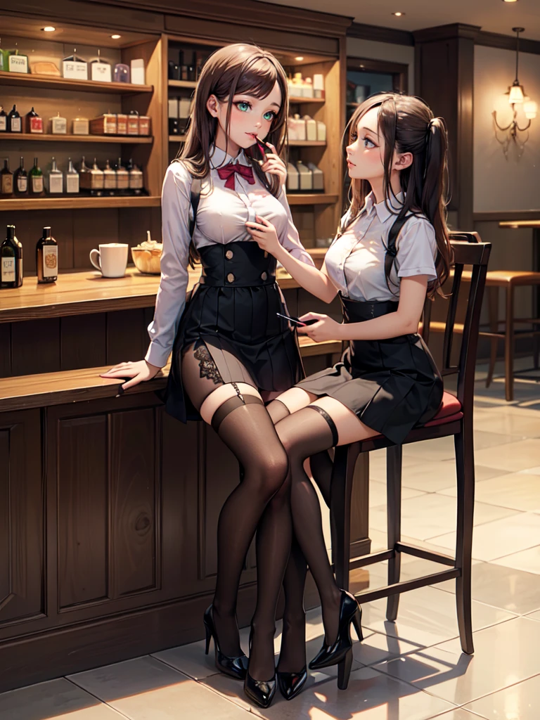 (masterpiece:1.3),(best quality, highest quality),((Full Body Shot,Including face)),()1girl,4K,masterpiece,((Focus on the face)),((Symmetrical facial features)),Beautiful woman,(slender),((High heels,Patterned stockings with straps)),Detailed depiction of the face, Cafe clerk ,bar counter,profile,Long skirt,slenderな女性,Green Cafe uniform,Age 25,(((Putting on makeup))),Germany