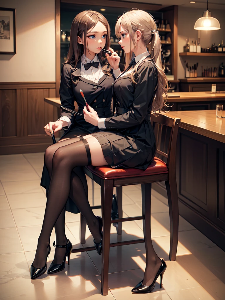 (masterpiece:1.3),(best quality, highest quality),((Full Body Shot,Including face)),()1girl,4K,masterpiece,((Focus on the face)),((Symmetrical facial features)),Beautiful woman,(slender),((High heels,Patterned stockings with straps)),Detailed depiction of the face, Cafe clerk ,bar counter,profile,Long skirt,slenderな女性,Green Cafe uniform,Age 25,(((Putting on makeup))),Germany