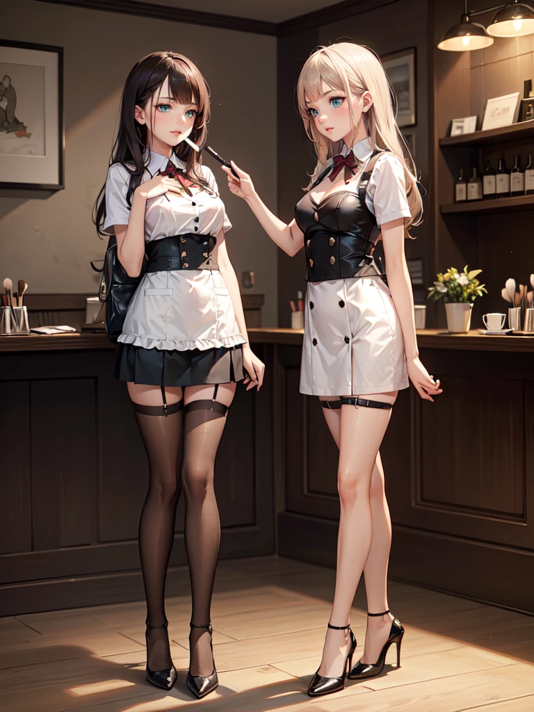 (masterpiece, best quality, highest quality, Masterpiece, 8k:1.5),((Full Body Shot,Including face)), 1girl, ((Focus on the face,Symmetrical facial features)), Beautiful woman, (slender),((High heels,Patterned stockings with straps)), Detailed depiction of the face, Cafe clerk , bar counter, profile, Bunny girl, slenderな女性, Medium Long, Vertical Roll,