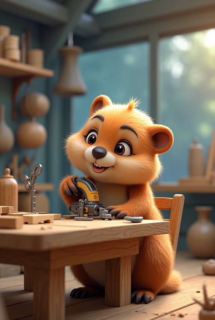 Cute female beaver workshop siting wood chair futuristic google sawing