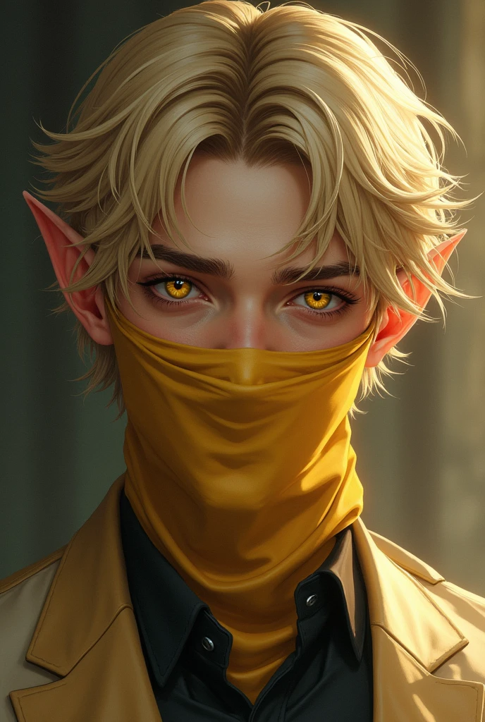 Handsome young male elf with blond hair and yellow eyes. He wears a cloth covering the lower part of his face., leaving only his eyes and part of his forehead visible. The fabric is light brown yellow and has a simple but luxurious design. The character appears to be looking down., with a calm and thoughtful expression. His hair is messy and falls over his forehead., which gives it a somewhat unkempt appearance. He wears a dark shirt under a light-colored jacket..