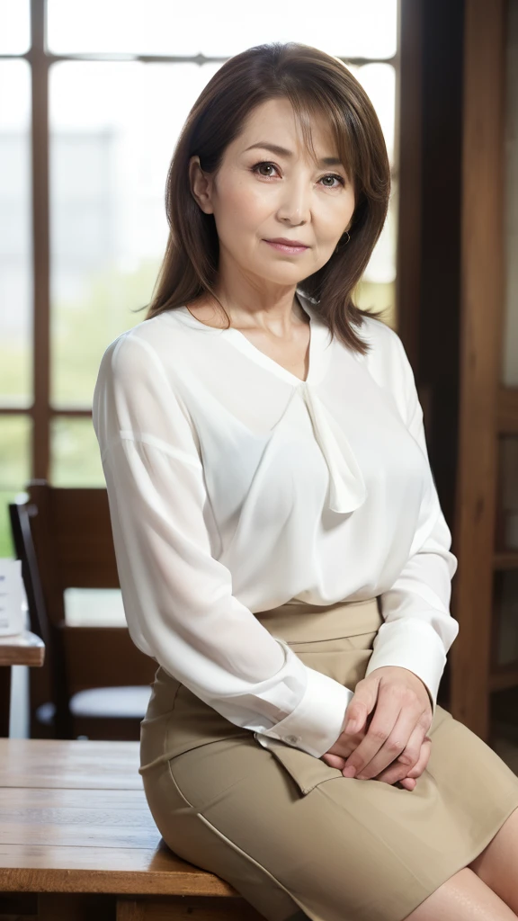 High resolution, High resolution, Attention to detail, masterpiece,(Middle-aged figure), Anatomically correct, sharp, ((Japanese Mature)),(80 years old:1.3),(Facial wrinkles), Shapely breasts,Fair skin, Light Brown Hair,(Long Hair), bangs,(((Stand upright, facing the center.))),Look at the photographer, Open your mouth and stare straight ahead,(White blouse:1.4),(Tight Skirt:1.3),(Sitting),(Thighs:1.1),Inside the warehouse,(Serious expression),(old woman:1.3),Mature Housewife