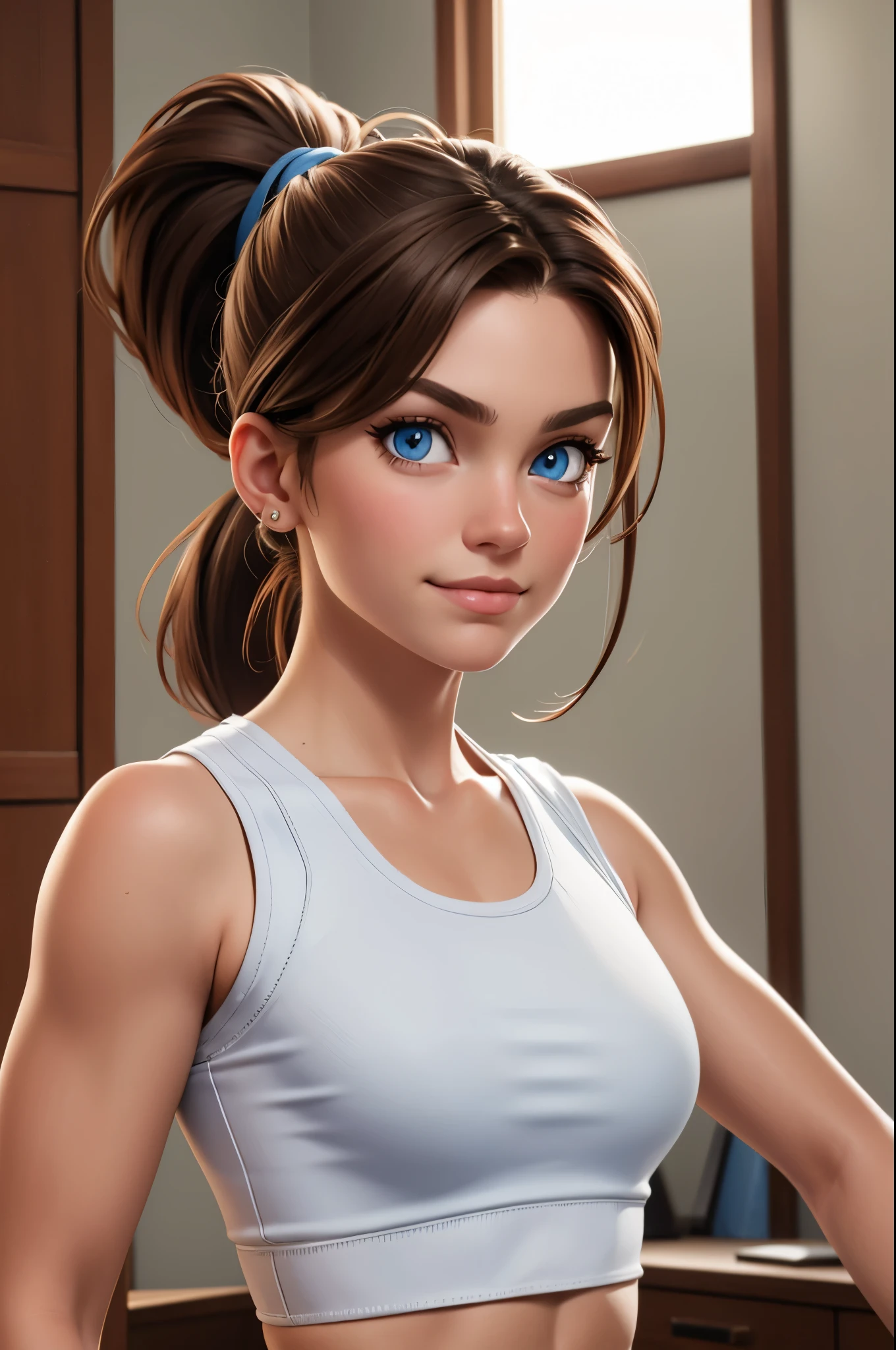 brown hair, blue eyes, ponytail, (white crop top :1.2), (photorealistic: 1.4), smirk, posing in her room, portrait