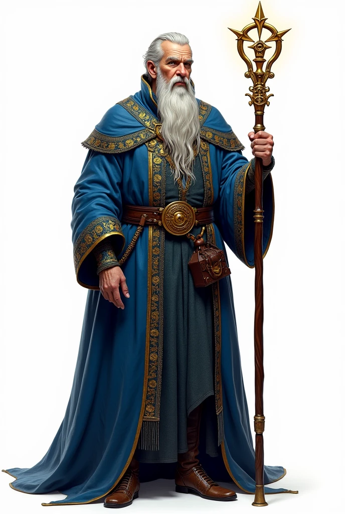 drawning, sharp colors, A Magician, short and long beard, medieval style, holding a staff, blue colors with gold details, fully body, white background, BOARD PIECE, frontal profile