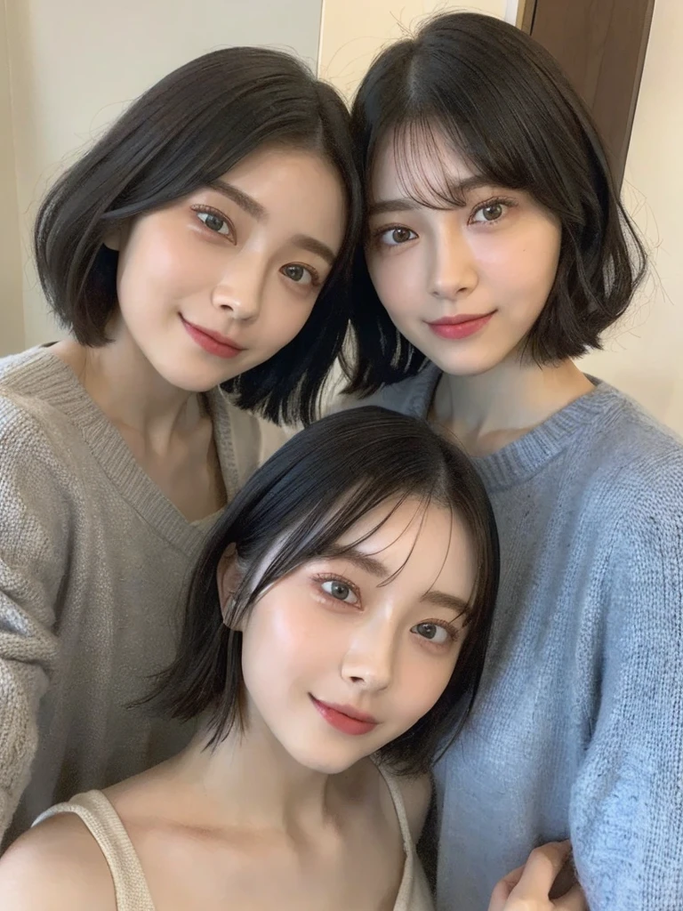 (masterpiece:1.3), (8k, Photoreal, Raw photo, best image quality: 1.4), Japanese high school girl、(random hairstyle:1.2)、cleavage:1.5、super detail face、eye for details、double eyelid、chest to chest、sharp focus:1.2、Beautiful woman:1.4、light brown hair、highest quality、masterpiece、超A high resolution、(Photoreal:1.4)、Highly detailed and professionally lit smiles、loose and light knitwear、shoulder out、thin、serious expression、short haired、deadly position
similar identical twins
All the girls have the exact same face, The two have the same face and figure, as if they were mirror images.