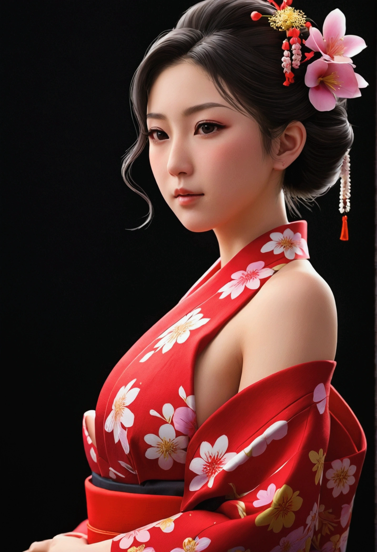 Japan, Red kimono, open shoulders, beautiful breasts, neckline, flower petals, Black background, realistic