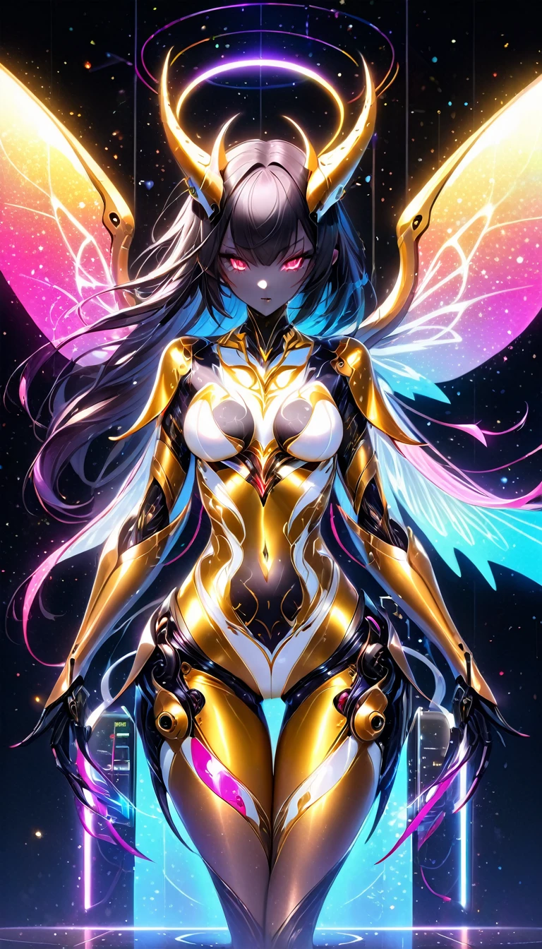 beautiful robot that is fusion of succubus and fallen angel, with beautiful form, wearing white and gold shiny bodysuit with fine lines seven-color neon light diagram pattern, superlative body proportion, background huge room with analyzers, labs, shading effects, gradation magic effects, foggy filter effects, glitter effects, (ultra detailed, absolutely resolution, best quality:1.3), 2.5D, delicate and dynamic, artistic photography, hyper realistic, graphic CG digital art