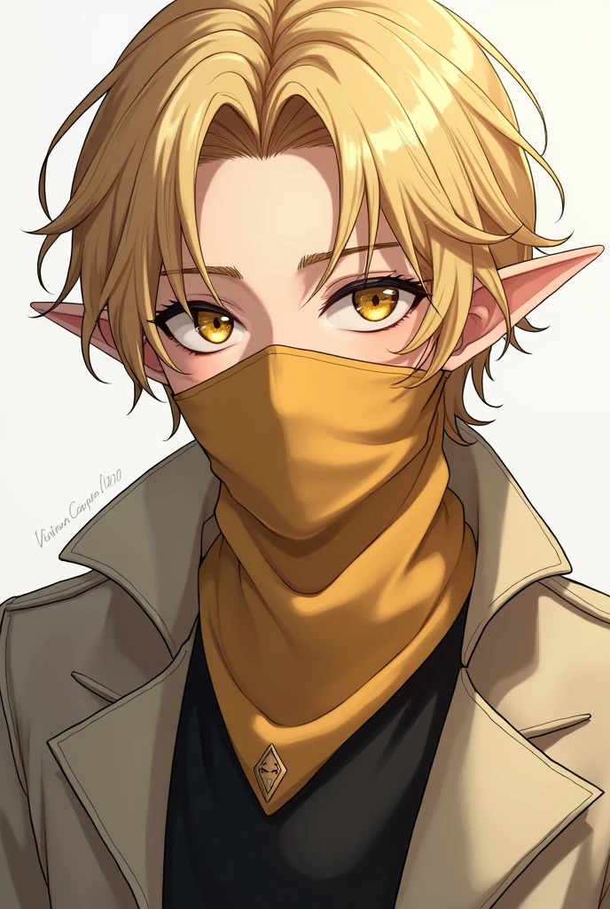 Handsome young male elf with blond hair and yellow eyes. He wears a cloth covering the lower part of his face., leaving only his eyes and part of his forehead visible. The fabric is light brown yellow and has a simple but luxurious design. The character appears to be looking down., with a calm and thoughtful expression. His hair is messy and falls over his forehead., which gives it a somewhat unkempt appearance. He wears a dark shirt under a light-colored jacket.. 
anime style.
