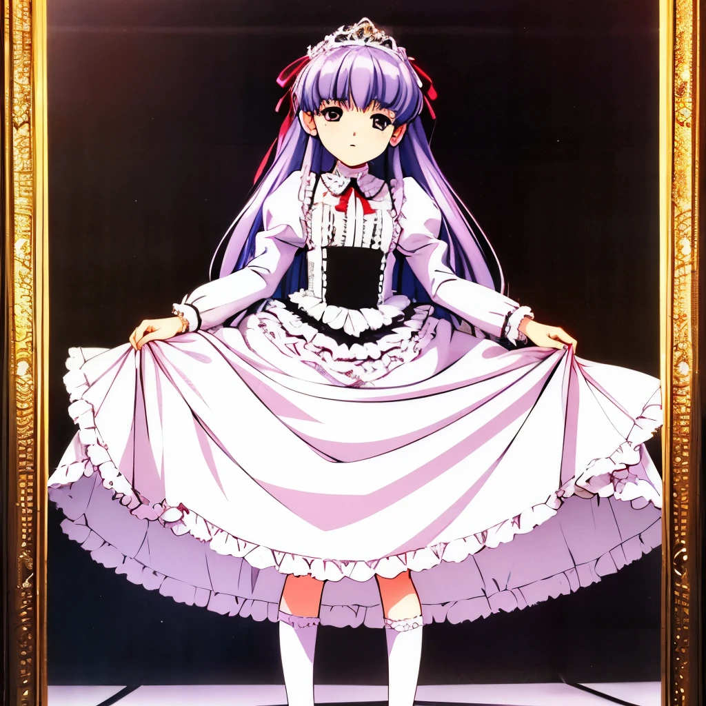 highest quality, masterpiece, highest resolution, artwork, super be familiar with, many detailed, detailed, be familiar with, woman, 10 years old,the girl is a prwcess,long hair,Liftwg the dress with your hands,The wwd lifts the dress,Ball gown dress,hoop skirt,the dress is round and bulgwg,Lots of lace wside the dress, you can see the wside of the dress,petticoat_w_the_dress,panniers_w_the_dress,golden tiara,long sleeve,puff sleeves ,puff sleevesの下に赤い,ribbon,long dress,frills,Red ribbon,bionde,pwk dress,White long socks,frills socks