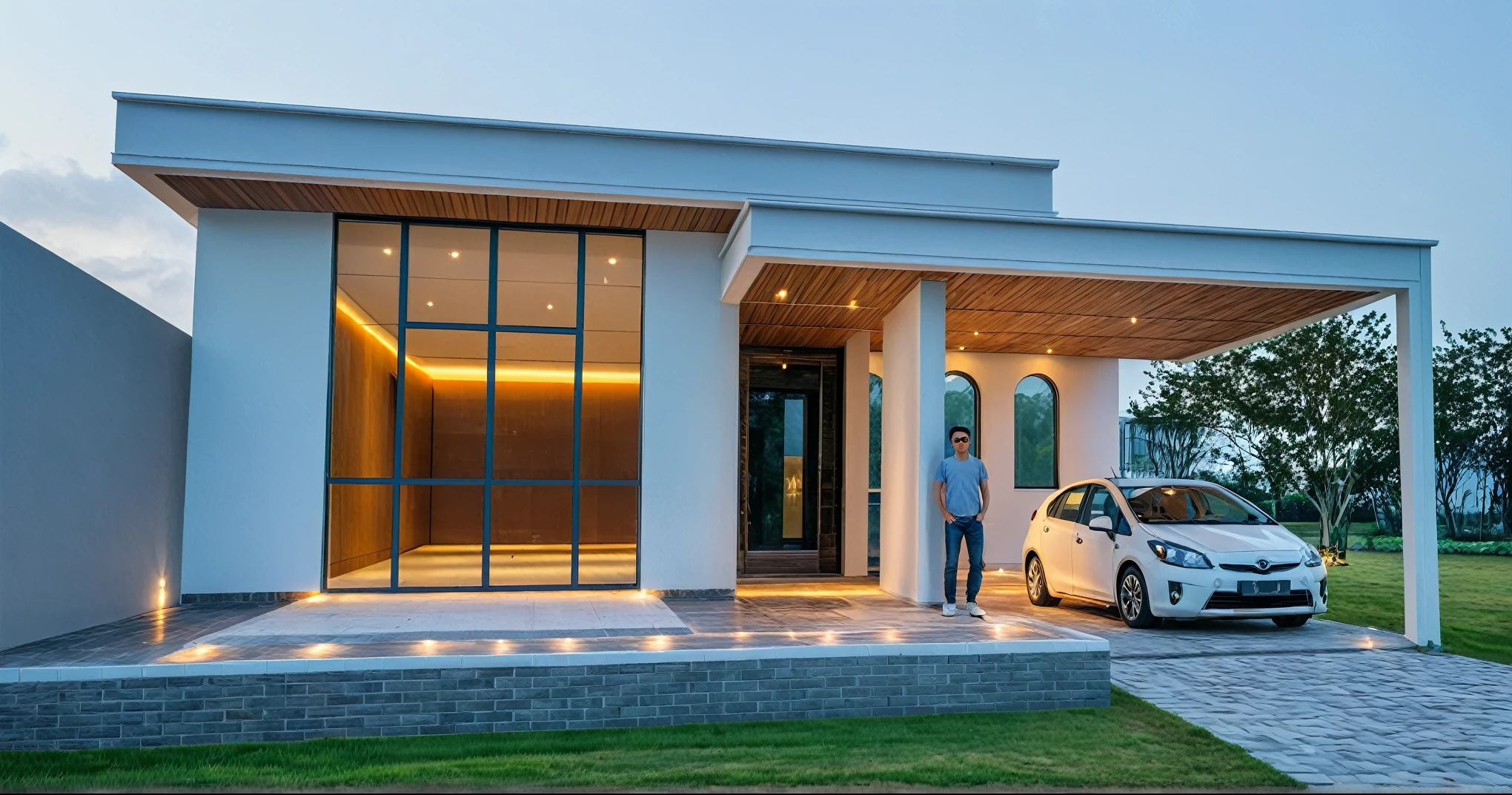 Country house , Minimalist architecture, modern house, brightly painted walls, highlight, xingfa aluminum glass doors. West facing house, . light In the afternoon, The build system has been turned on and you can view the content found, The floors are where businesses are located, The second floors are residences. representative reality. surreal house