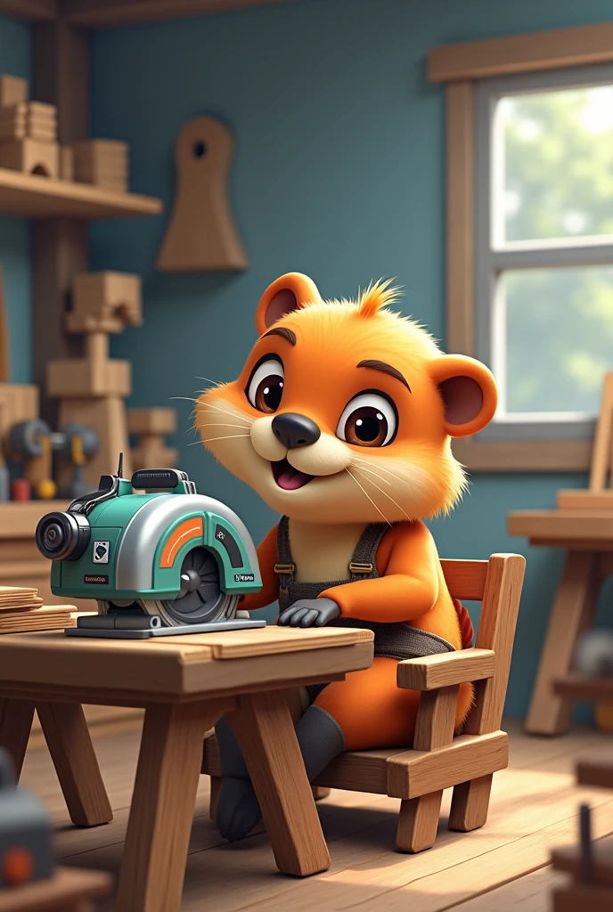 Cute female beaver workshop siting wood chair futuristic google sawing